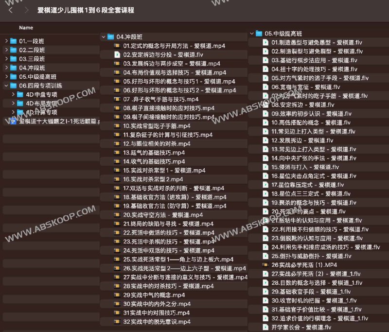 【资料】名称：爱棋道少儿围棋1到6段全套课程|简介：《爱棋道少儿围棋1到6段全套课程》是一项跨学科的学习资源，结合了多方面的知识与技巧