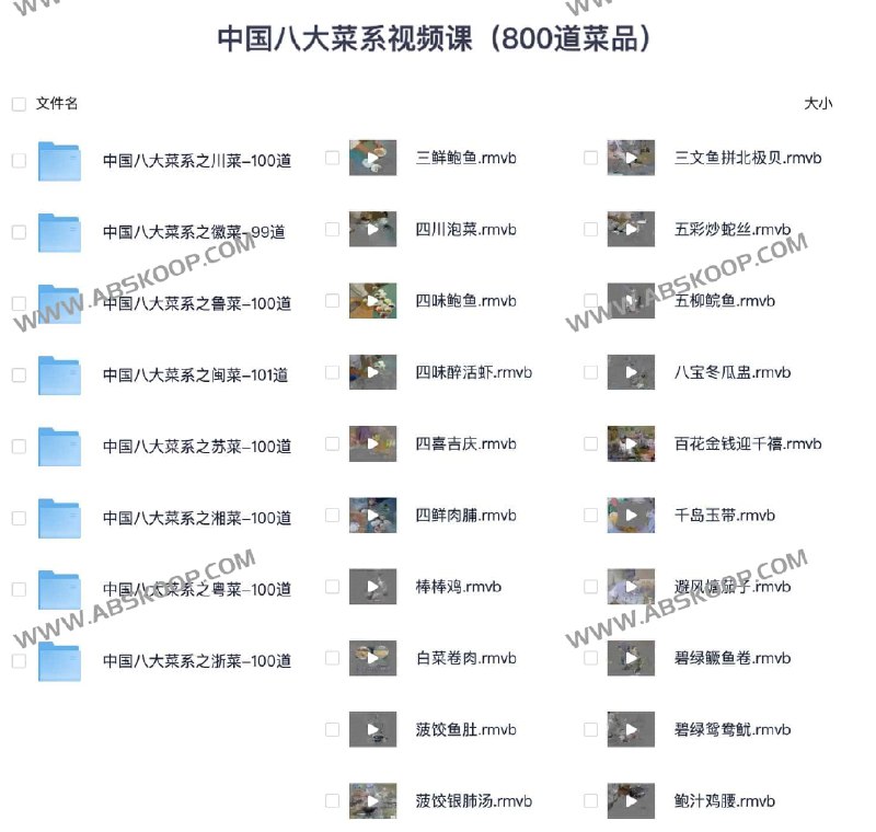 【资料】名称：中国八大菜系视频课（800道菜品）|简介：《中国八大菜系视频课（800道菜品）》是一项跨学科的学习资源，结合了多方面的知识与技巧