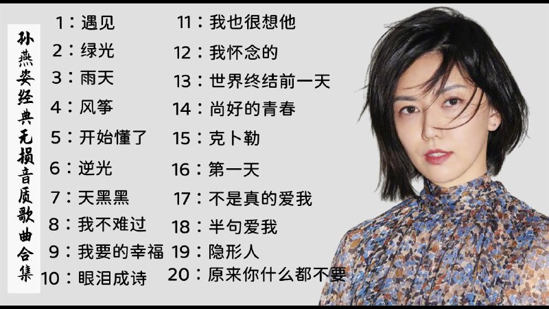 名称：《孙燕姿歌曲合集》亮点：孙燕姿的歌声充满情感与力量，每首歌都像一段故事，带你重温青春与感动