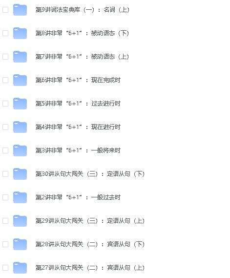 《学而思1~9年级最全英语语法教学视频 》简介：覆盖小学至初中全阶段的系统化语法课程，详细讲解词性、时态、句型等核心知识点