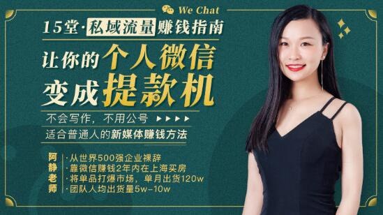 名称：《15堂私域流量赚钱指南：让你的个人微信变成提款机！》简介：《《5堂私域流量赚钱指南：让你的个人微信变成提款机！》是一套包含15堂课的私域流量赚钱教程