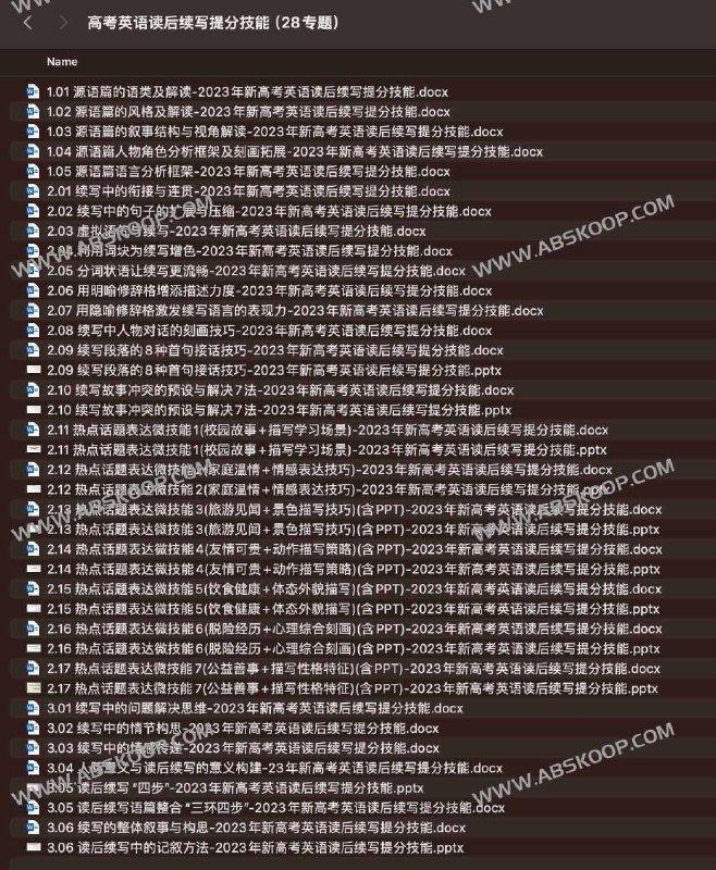 【资料】名称：《高考英语读后续写提分技能（28 专题）》|简介：这是专门针对高考英语读后续写题型的辅导资料，包含 28 个专题