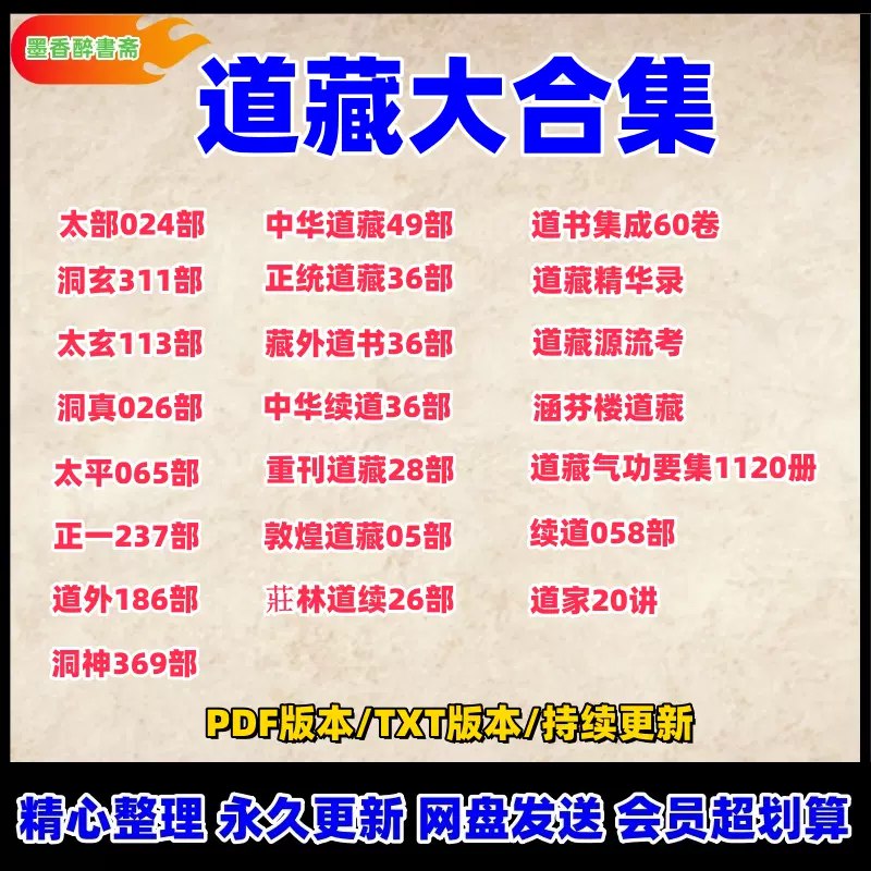 《道藏精华汇总 》简介：汇集历代道教典籍的核心文献，涵盖哲学、丹法、符箓、科仪等内容，由宋代张君房主持编修
