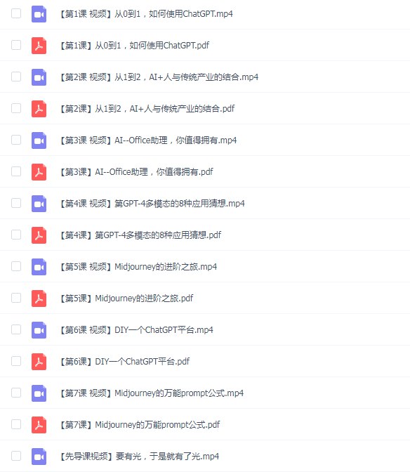 【资料】名称：ChatGPT第一课：武装我们第2大脑（虚拟人）资源 | 简介：《ChatGPT第一课：武装我们第2大脑（虚拟人）资源》是一门覆盖广泛的实用课程，旨在为学员提供从基础到进阶的学习内容，无论是理论知识还是实际操作技巧，都能帮助学员在相关领域中获得深入的理解和应用能力