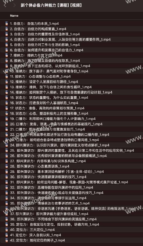 名称：《新个体必备六种能力，视频课 》简介：新个体必备六种能力，视频课汇集了多领域的知识，帮助你在生活与职业中找到更多的可能性