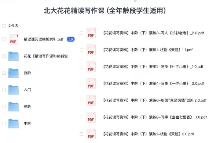 名称：《北大花花精读写作课 (全年龄段学生适用）》简介：《北大花花精读写作课 (全年龄段学生适用）》由北大花花老师授课，面向全年龄段学生