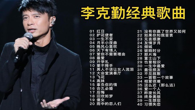 《李克勤歌曲合集  》简介：香港著名男歌手，以清澈细腻的嗓音和扎实唱功闻名，作品横跨粤语流行与国语市场