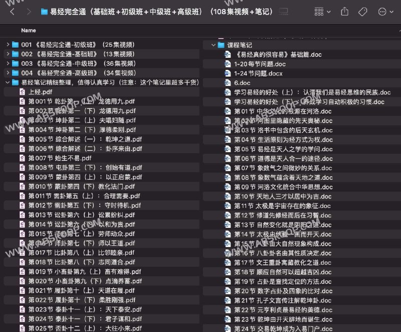 名称：《易经完全通（基础班+初级班+中级班+高级班）（108集视频+笔记） 》简介：易经完全通（基础班+初级班+中级班+高级班）（108集视频+笔记）这门课程为学习者提供了全面的知识和技巧，涵盖了从基础到进阶的多项内容