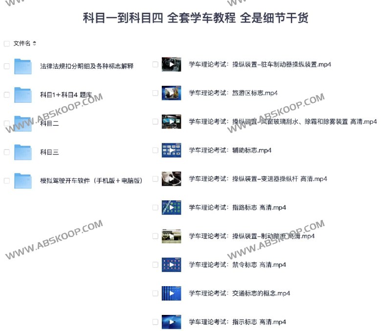 名称：《科目一到科目四   全套学车教程 全是细节干货 》|简介：科目一到科目四   全套学车教程 全是细节干货不仅是一部学习资料，更是一本实践指南，适合对该领域有深入探索需求的读者