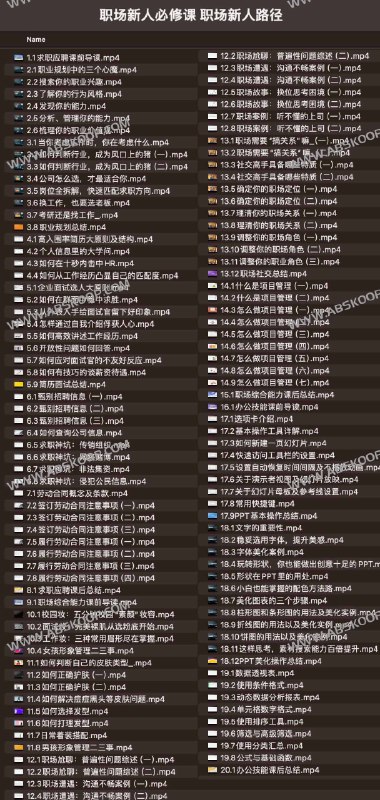 名称：《职场新人必修课 职场新人路径 》简介：职场新人必修课 职场新人路径专为职场人士打造，课程涵盖了沟通技巧、团队协作、领导力提升等多个方面，旨在帮助你在职场中取得更大成就