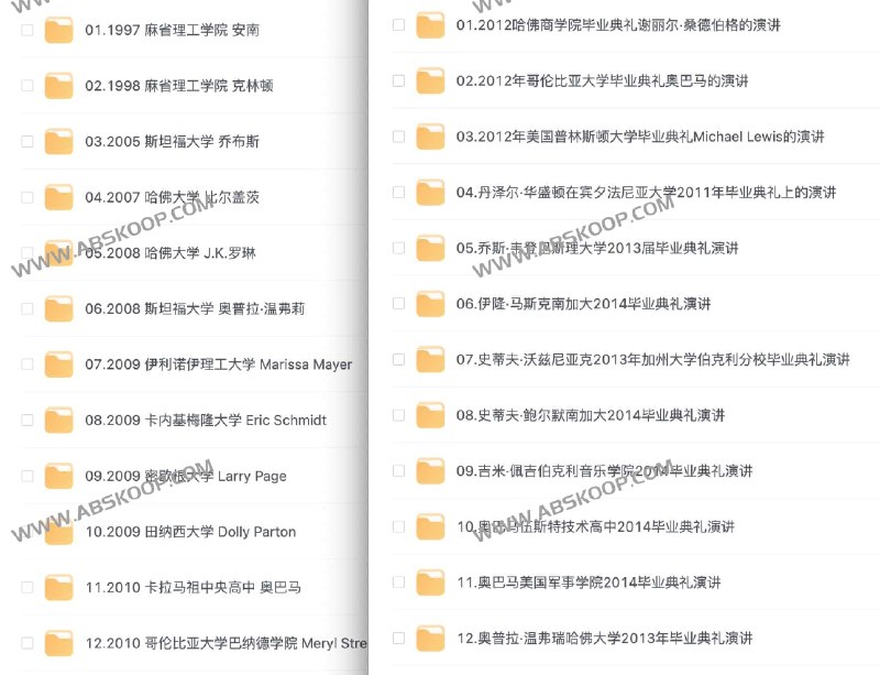 《名人名校英文励志演讲100集17.5GB 》简介：该合集精选全球顶尖学府及知名人士的100场英文演讲，涵盖人生哲学、成功经验与创新思维等多元主题