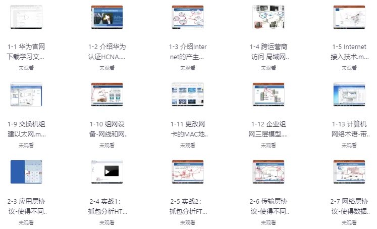 名称：《华为认证网络工程师（HCIA）-路由交换视频教程（206节）》简介：《华为认证网络工程师（HCIA）-路由交换视频教程（206节）》是一套针对华为认证网络工程师（HCIA）路由交换方向的专业视频教程，共计206节