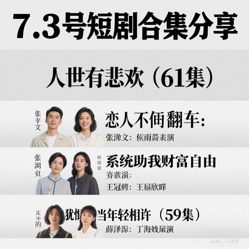 名称：7.3号热门短剧合集分享描述：人世有悲欢(61集)张瀚文 & 侯雨彤/恋人不翻车：系统助我财富自由 王冠彭 & 王欣莹/犹恨当年轻相许(59集)薛泽源 & 丁海霞/浓夏日长(96集)时康 & 苏语桐/野火偏吻月(51集)钟莹玲 & 岳杨/我真是大人物 & 尘衣褪尽显龙纹(58集)李芮娇 & 李园/太子发现我造谣(60集)郑纪元 & 孙芋寻/挽卿心(83集)周凌丰 & 胡少琛/联姻而已裴大人别太爱了(54集)张洪鸣 & 贺灵瑶/长生一梦，付流歌(61集)赵垣又 & 董子源/替身一边凉快去吧(61集)李永琪 & 曹干祎/流年深深深几许(70集)崔秀子 & 刘博洋 & 王已歌链接：