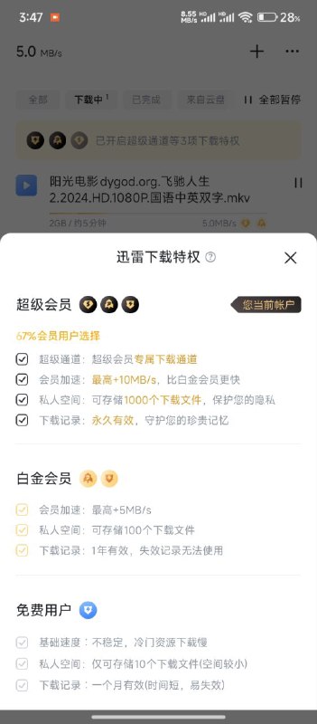 名称：纯净版不限速迅雷描述：去除所有广告，不限速VIP破解版迅雷，支持边下边播、登录转存云盘下载等链接：