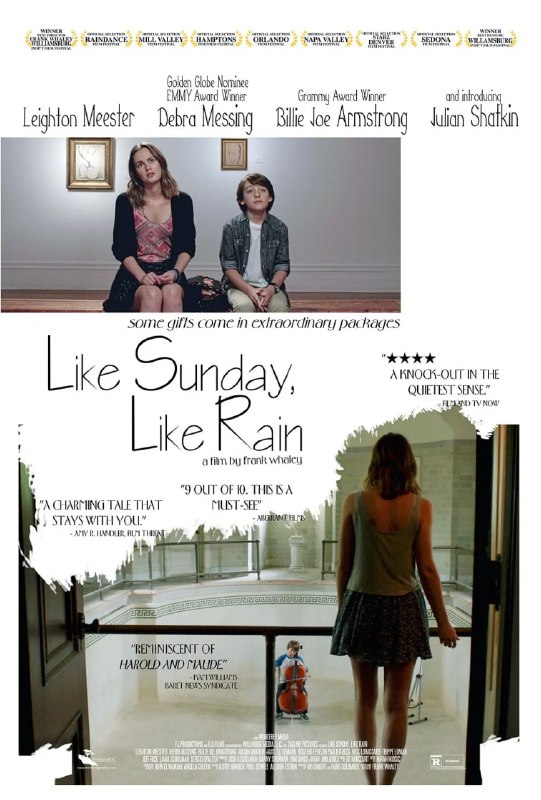 名称：如晴天，似雨天 Like Sunday, Like Rain (2014)描述：贫穷女孩埃莉诺来自一个破碎的家庭，她为了生计不得不放弃音乐理想去富人家做了保姆，而雇主家的小男孩雷吉恰好是一名音乐神童，虽然出身富贵但却压抑孤独，在相处中，两颗心逐渐贴近、相互温暖，两人之间产生了一种超乎友谊与爱情的情感，在音乐上成为了彼此的知音