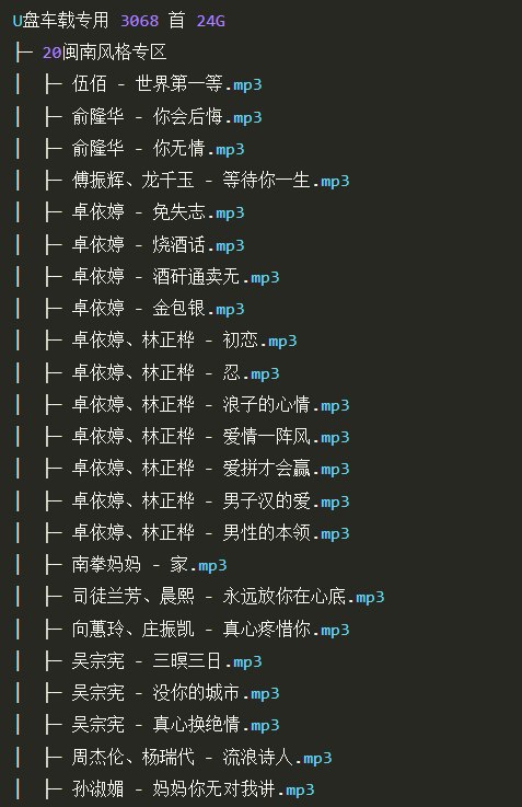 资源标题：U盘车载专用音乐合集 3068首资源描述：包含3068首适合车载播放的音乐