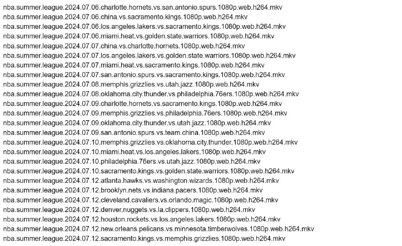 名称：2024年NBA夏季联赛 7月6日到12日共25场比赛 【1080P】描述：2024年NBA夏季联赛 7月6日到12日共25场比赛 【1080P】链接：