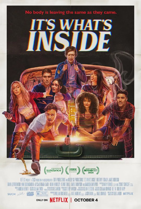 名称：开箱灵魂 It’s What’s Inside (2024)描述：一名疏远已久的朋友带着一个神秘的手提箱出现，里面装着一个可以诱导身体交换的神秘装置，让这次婚前派对变成了一场存在主义的噩梦