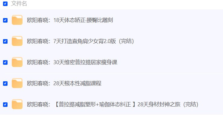 名称：欧阳春晓健身课程合集  【新增两课，全五套】描述：28天根本性减脂课程（完结）30天维密普拉提居家瘦身课（完结）18天体态矫正·腰臀比雕刻（完结）7天打造直角肩少女背2.0版（完结）【普拉提减脂塑形+瑜伽体态纠正 】28天身材封神之旅（完结）链接：