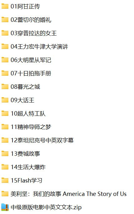 名称：中级水平精听15部原版英语电影及视频材料(视频+MP3)描述：本资源精选15部适合中级英语学习者的原版电影及视频材料，涵盖多种题材(如经典电影《阿甘正传》《泰坦尼克号》、职场喜剧《穿普拉达的女王》、青春奇幻《暮光之城》等)，配套MP3音频与中英双语文本，帮助学习者通过沉浸式精听提升英语能力
