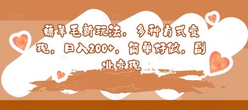 名称：【薅羊毛新玩法】多种方式变现，日入200+，简单好做，副业变现描述：这个项目简单来说就是低价进货高价卖出，这是个比喻，一单能赚给5-7块钱，也别太多，咱们是在薅羊毛，这样来看轻松赚个100多200快，一天生活费到手了，当个副业非常简单，现在有一些商家为了增加店铺的权重和商品链接销量，商家就会低价刷单，我们的客户通过低价链接购买后，商家得到数据和好评，我们的到了佣金和优惠，双赢