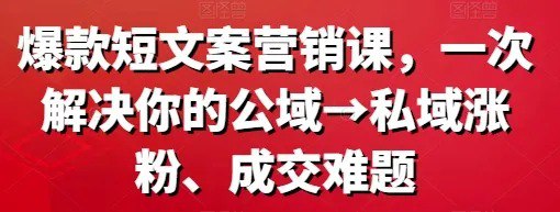 名称：爆款短文案营销课 一次解决你的公域 私域涨粉、成交难题描述：爆款短文案营销课 一次解决你的公域 私域涨粉、成交难题 夸克网盘资源下载链接：