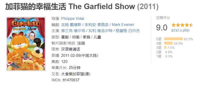 名称：加菲猫的幸福生活 The Garfield Show (2011) 1-5季描述：超级活泼可爱的加菲猫回来啦!  什么?他只会躺在沙发上吃着披萨懒洋洋的看电视?那你可错啦,有了加菲猫,可没让他的伙伴欧迪消停过