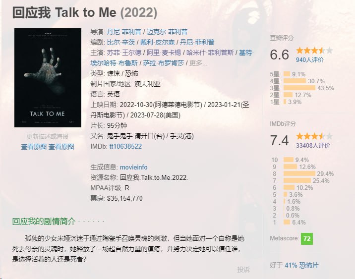 资源标题：《回应我》（Talk to Me）A24最新出品恐怖电影，字幕组翻译中字资源描述：本片口碑不错，目前烂番茄新鲜度95%，已获新鲜认证，爆米花指数82%！本片成本仅450万，全球票房已大破5000万美元