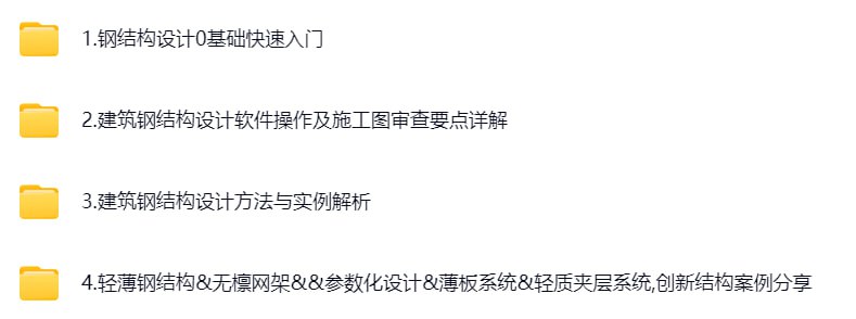 名称：【筑龙网】建筑钢结构设计基础入门全套课程描述：筑龙网的《建筑钢结构设计基础入门全套课程》是一套系统全面的钢结构学习体系，涵盖基础理论、设计方法、软件实操、施工图审查、工程实例五大模块