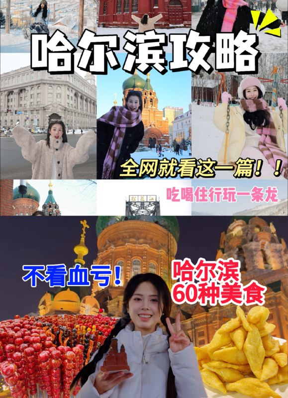 名称：【视频】100个哈尔滨旅游美食攻略，包你看到爽！！[10.4GB]描述：足足100个各大旅行美食博主的哈尔滨攻略，从冬天到夏天，南方小土豆必看！！链接：