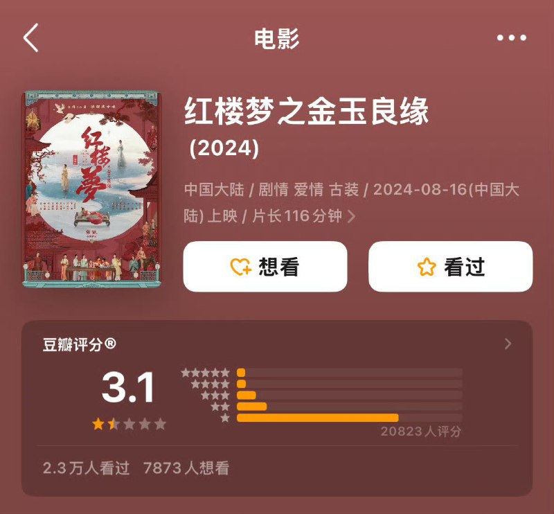 名称：红楼梦 红楼梦之金玉良缘 (2024)【4K 国语中字】描述：影片从贾府全盛时期开始介入，深入展示太虚幻境、元妃省亲、黛玉葬花、宝玉挨打等经典桥段，再现了贾宝玉与林黛玉之间的悲欢离合故事