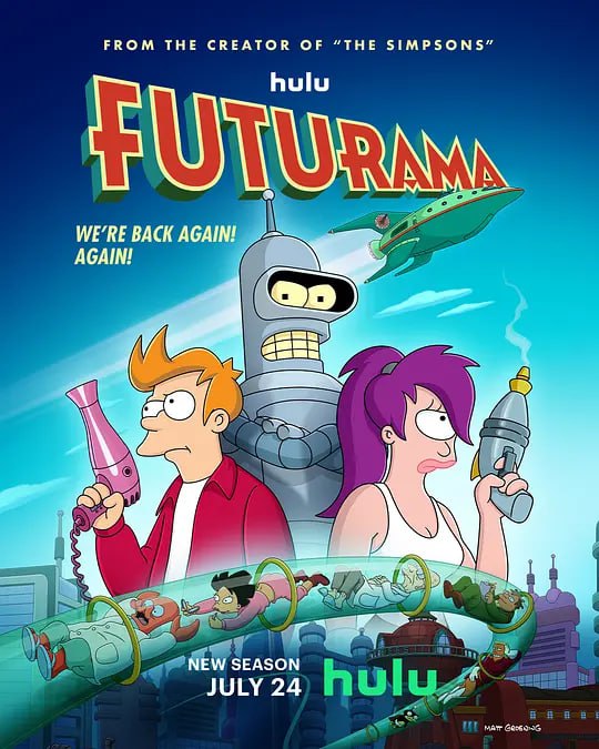 名称：飞出个未来 第十一季 Futurama Season 11 (2023)描述：1999 年除夕夜送披萨时，菲利普·弗莱 （Philip J. Fry） 意外地被冷冻并解冻了一千年后的未来