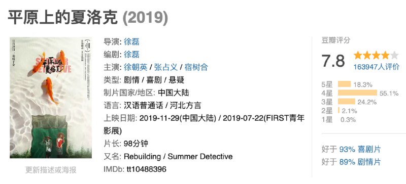 名称：平原上的夏洛克.2019.BD1080P.国语中字【豆瓣7.8】描述：超英翻盖新房 ，占义、树河前来帮忙，没想到树河却因意外车祸入院，司机肇事逃逸，超英和占义化身“平原侦探”，踏上了一段令人啼笑皆非的荒诞追凶之旅