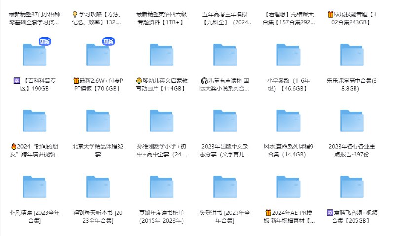 名称：🎁精整24年1月分享热门付费资源合集【18.2TB】描述：最新精整24年1月份已分享全部付费热门资源合集，包含多平台付费课程资料、英语四六级、付费PPT模板、百科科普、学习方法、美食配方、健身专题、视频剪辑、幼儿至大学相关学习资料、考公考研、摄影专题、各行各业相关资料、戏曲、小品、热门短剧、演唱会、音乐、软件、游戏、电子书等等