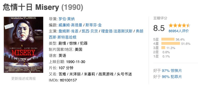 名称：危情十日.1990.BD1080p.国英双语中字【豆瓣8.5】描述：畅销书作家保罗•谢尔顿（詹姆斯•凯恩 James Caan 饰）带着他的最新作品《米瑟莉》驱车走在回家的路上