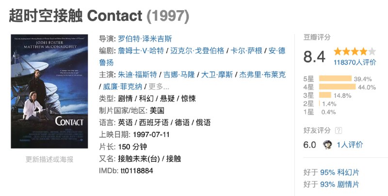 名称：超时空接触 Contact (1997).双语字幕描述：艾莉·爱罗维（茱迪·福斯特饰）自幼就对无线电通讯情有独钟