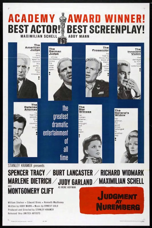 名称：纽伦堡的审判 / Judgment at Nuremberg (1961)描述：美国历史剧情片，由斯坦利·克雷默执导，斯宾塞·特雷西、伯特·兰卡斯特主演