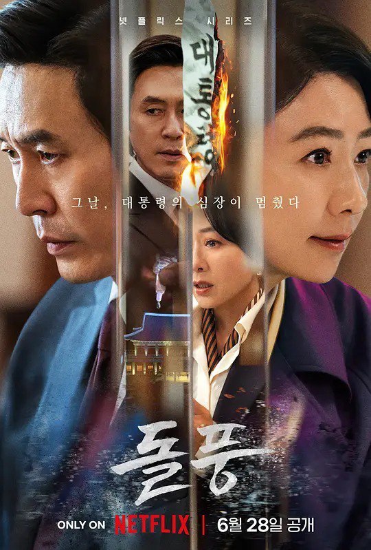 名称：政坛旋风 돌풍 (2024)描述：Netflix 的这部剧讲述了韩国总理和副总理之间激烈的冲突和权力斗争，他们各自受自己的信念和目标驱动