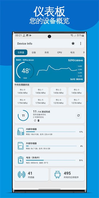 名称：Device Info v3.3.7.7 查看移动设备的完整信息，解锁专业高级版描述：Device Info是一款强大的移动设备信息检测工具，可查看包括处理器、内存、电池状态、系统版本等在内的完整设备信息