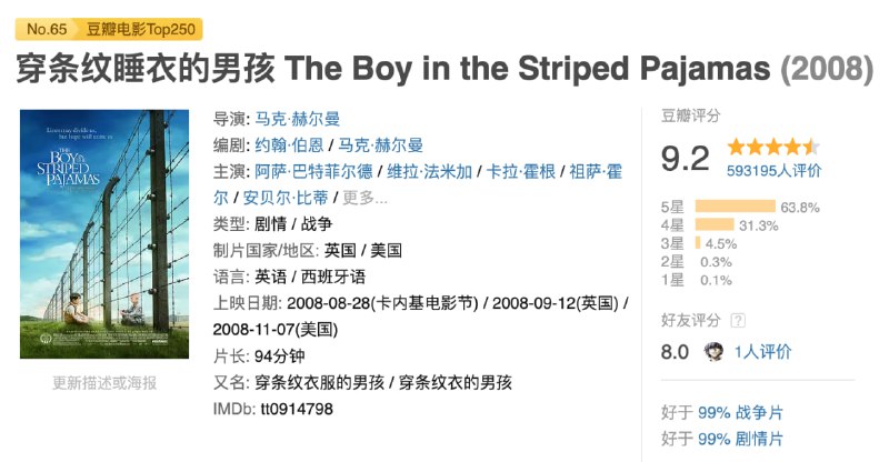 名称：穿条纹睡衣的男孩.The Boy in the Striped Pajamas.2008.Bluray.1080p.中英双字描述：八岁男孩布鲁诺（Asa Butterfield 饰）一家随着纳粹军官父亲的一纸调令，由柏林搬迁到了乡下