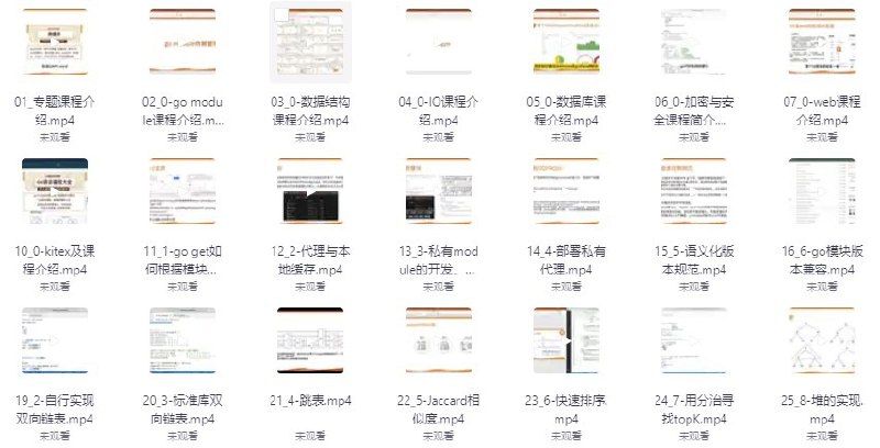 名称：Go语言编程大全，web微服务数据库十大专题精讲描述：本课程主要从数据结构、Go Module 依赖管理、IO编程、数据库编程、消息队列、加密技术与网络安全、爬虫与反爬虫、web开发、微服务通用技术、Kitex框架等方面讲解~链接：