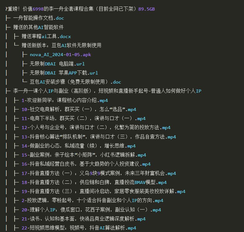 资源标题：价值6998的李一舟全套课程合集(目前全网已下架)资源描述：价值6998的李一舟全套课程合集（目前全网已下架）89.5GB，包括李一“舟” 人工智能商业课、李一舟每个人的人工智能课程、一舟一课：个人IP与副业、一舟一课爆品方法和案例、一舟本地生活创业营销思维班、李一舟互联网运营资料、2023鹤老师人人必修的 AI启蒙课等等，夸克网盘资源下载