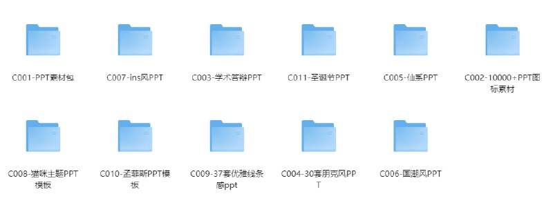 名称：📊 各类付费PPT合集【精整分类，下载即用！】描述：已精整分类，包含素材包、ins风54套、学术答辩类、圣诞节类、10000+PPT图标素材、猫咪主题模板、37套秀雅线条感PPT、30套朋克风、国潮风PPT等，共计16GB+