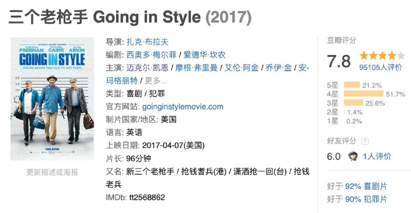 名称：三个老枪手.Going.in.Style.2017.HD1080P.中英双字描述：故事讲述每天到银行确认有没有老人金进帐的3位老人，决定受够这一切，放手一搏、携手抢银行，但他们面临到一个关键问题，他们不太会用枪……链接：