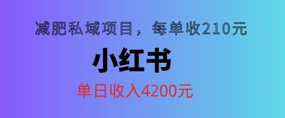 名称：【小红书减肥私域项目】每单210元，单日可卖出15单，利润3150描述：如果你手头上的主业收入解决不了你日常的开支或者符合其中一个的一定要好好看看这个项目(1)有车贷、房贷、网贷还在还的;(2)个人月收入≤2W，不够日常开支的(3)正在或者想在小红书平台变现的;(4)每天有1-2个小时的业余时间的;(5)正在或者想做引流裂变的;链接：