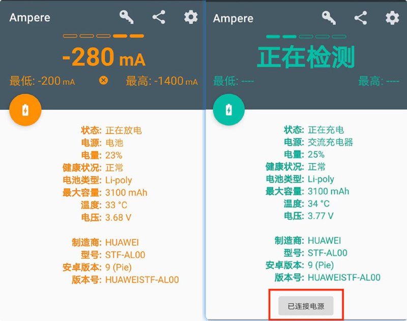 名称：Ampere - 安卓版手机充电测评软件描述：只需要使用充电器连接到设备，就可以从中查看到手机的详细充电信息，来评估你当前的电池的充电和放电状况