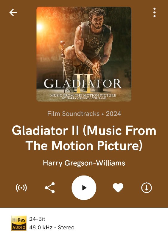 名称：角斗士2 电影配乐 原声带 OST描述：Harry Gregson-Williams - Gladiator II (Music From The Motion Picture) FLAC 24bit_48kHz来源 qobuz《角斗士 II（电影音乐）》是哈利·格雷格森-威廉姆斯为雷德利·斯科特2024 年的电影《角斗士 II》创作的配乐专辑