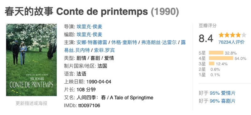 名称：春天的故事.1990.BD1080p.蓝光中文字幕【豆瓣8.4】描述：《春天的故事》是法国电影导演埃里克·侯麦《人间四季》四部曲中的第一部，是发生在法国巴黎春天里的故事