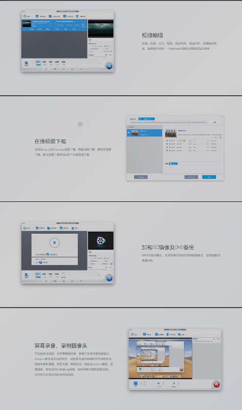 名称：VideoProc 4K 7.2 强悍的MAC平台视频编辑、下载、录屏工具描述：VideoProc 是Mac平台上的一款集视频编辑、在线视频下载、DVD转换、屏幕录像于一体的mac全能视频编辑工具