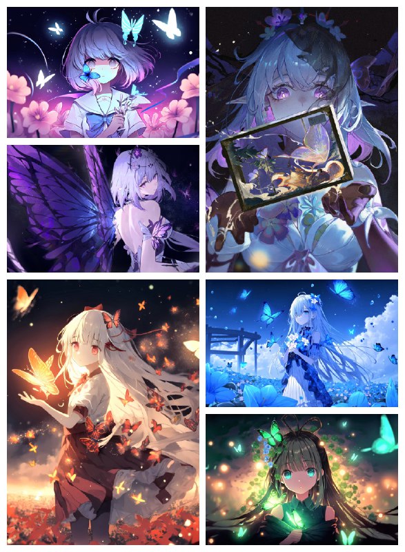 名称：动漫人物高清电脑壁纸4K+8K**描述： 这是一张充满梦幻色彩的壁纸，画面中是一位拥有紫色短发和蝴蝶翅膀的女孩，周围环绕着美丽的花朵和闪烁的蝴蝶